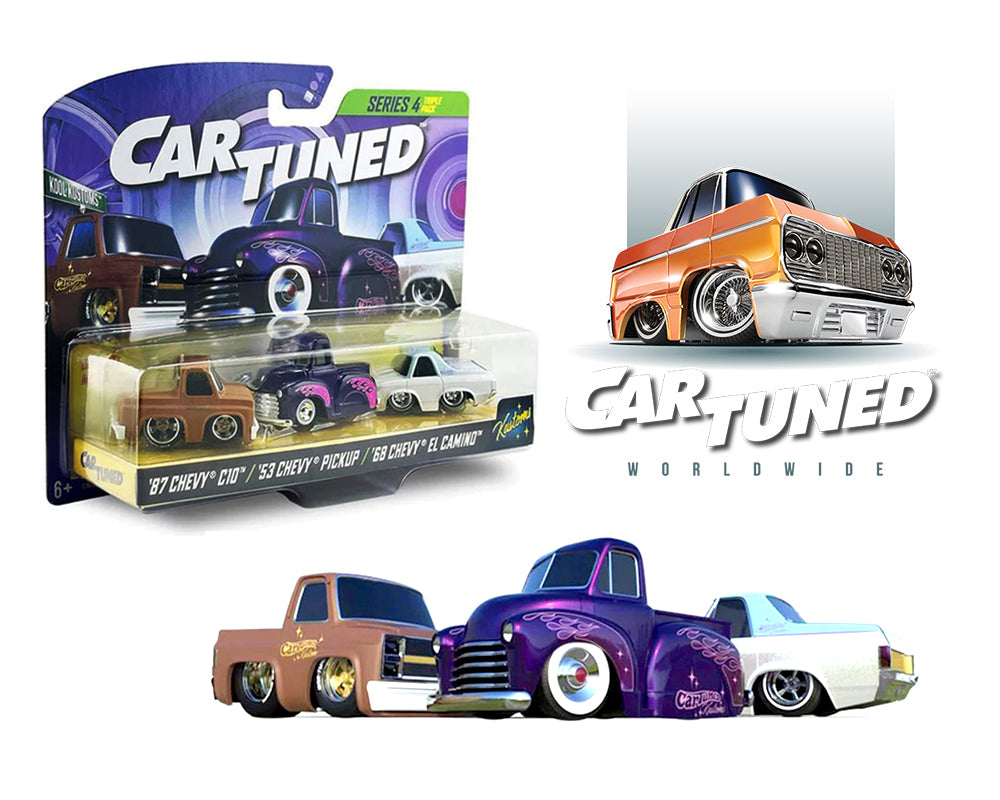 (Preorder) CarTuned 1:64 Kustoms Series 4 Kool Kustoms 3 Pack 2025 – 1987 Chevrolet C10, 1953 Chevrolet Pickup, 1968 Chevrolet El Camino