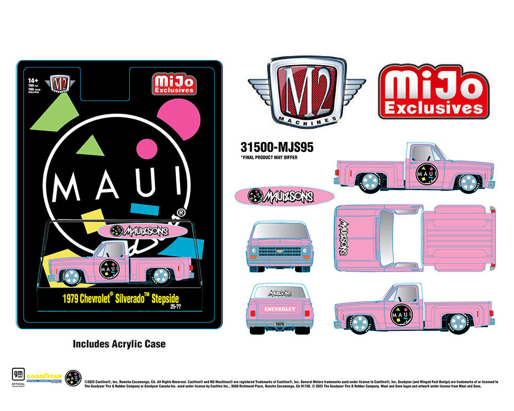 (Preorder) M2 Machines 1:64 1979 Chevrolet Silverado Stepside with Surfboard Maui & Son – Pink – MiJo Exclusives Limited Edition