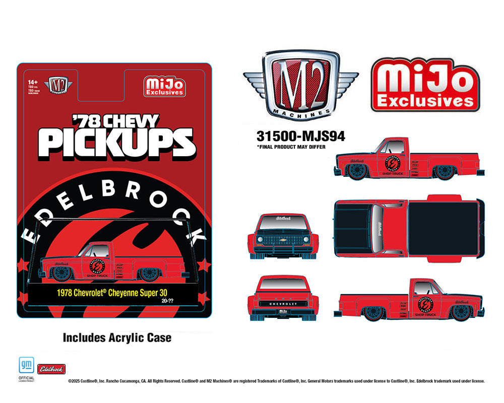 (Preorder) M2 Machines 1:64 1978 Chevrolet Cheyenne Super 30 Custom EDELBROCK – Red – MiJo Exclusives Limited Edition