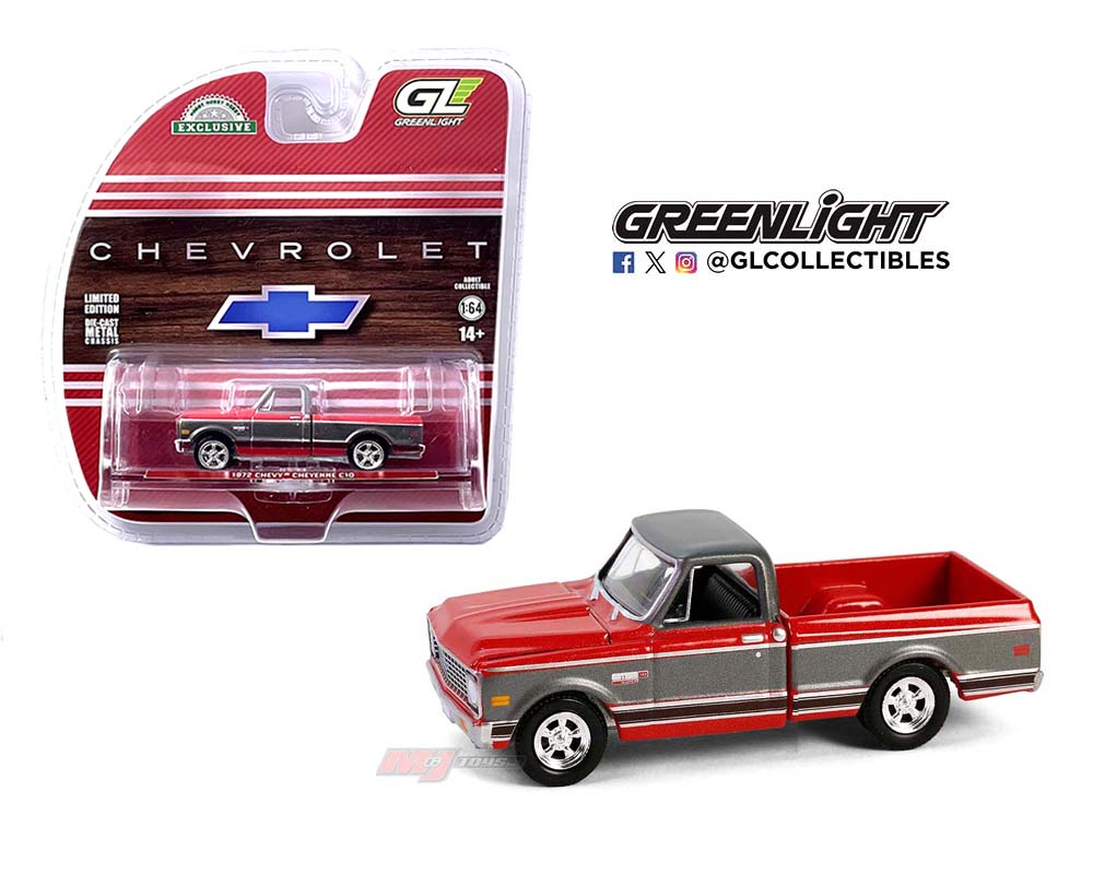 Greenlight 1:64 1972 Chevrolet Cheyenne C10 Short Bed – Red with Grey – Hobby Exclusive