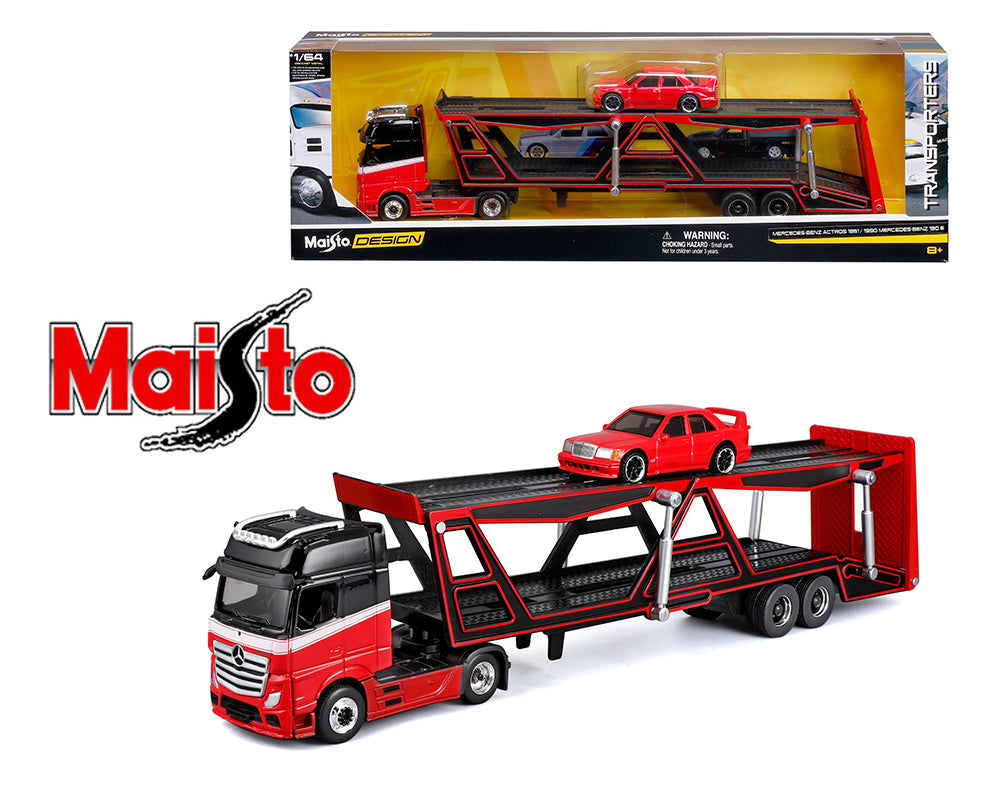 (Preorder) Maisto 1:64 Mercedes-Benz Actros / 1990 Mercedes-Benz 190E – Red – Design Transporters