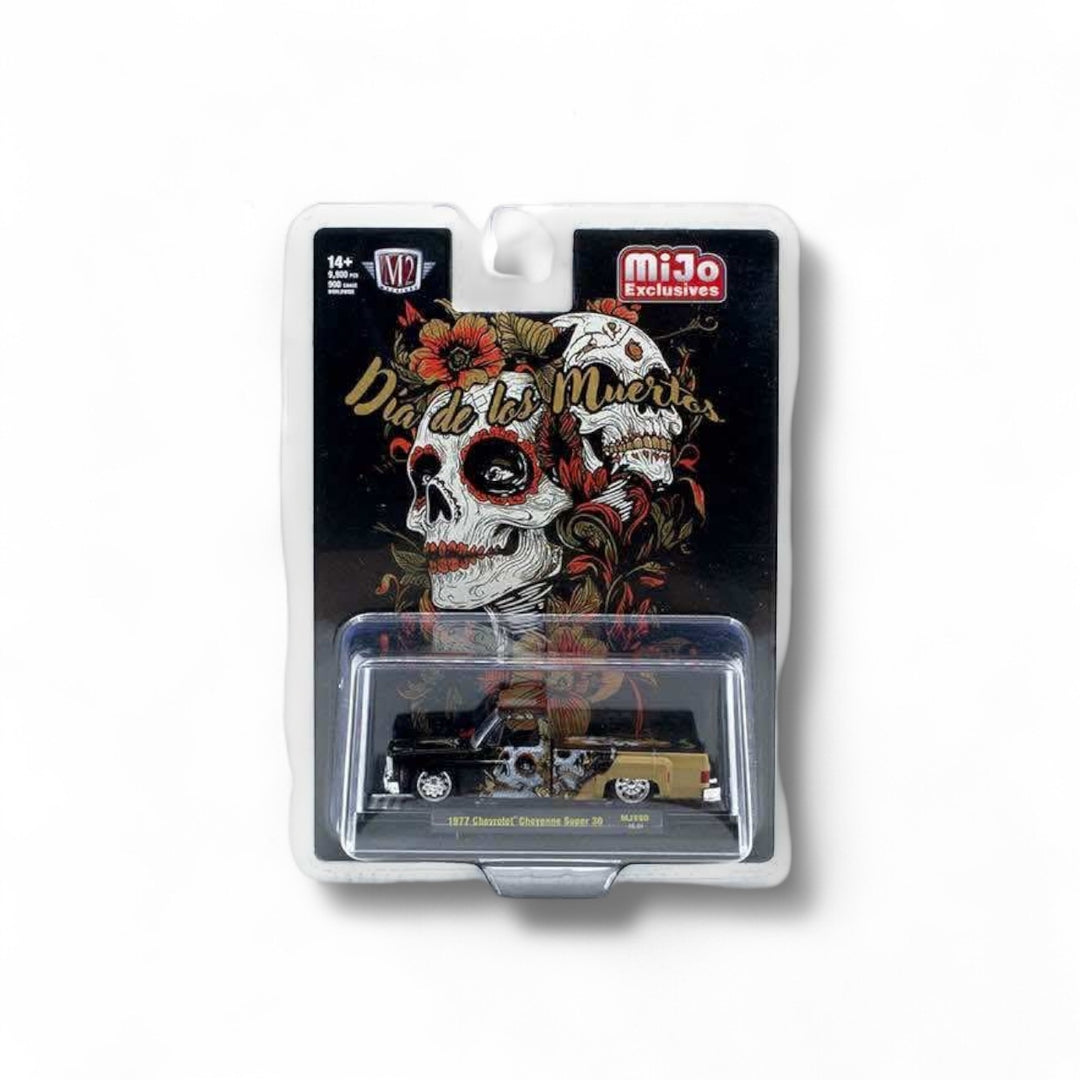 M2 Machines 1:64 1977 Chevrolet Cheyenne Super 30 “Dia De Los Muertos” 2025 – Black Gold – MiJo Exclusives Limited Edition