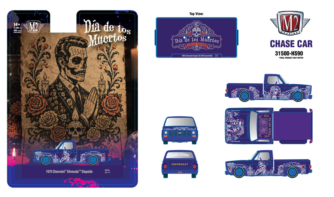 (Preorder) M2 Machines 1:64 1979 Chevrolet Silverado Stepside “Dia De Los Muertos” – Purple – Hobby Exclusive*CHASE*