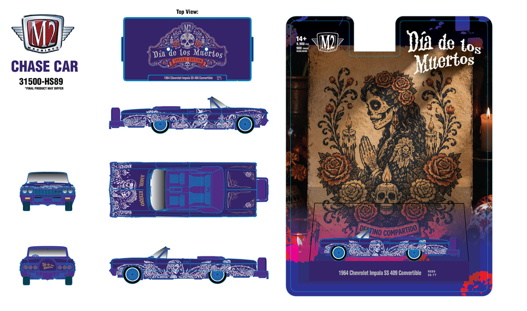 (Preorder) M2 Machines 1:64 1964 Chevrolet Impala SS 409 Convertible “Dia De Los Muertos” – Purple – Hobby Exclusive *CHASE*