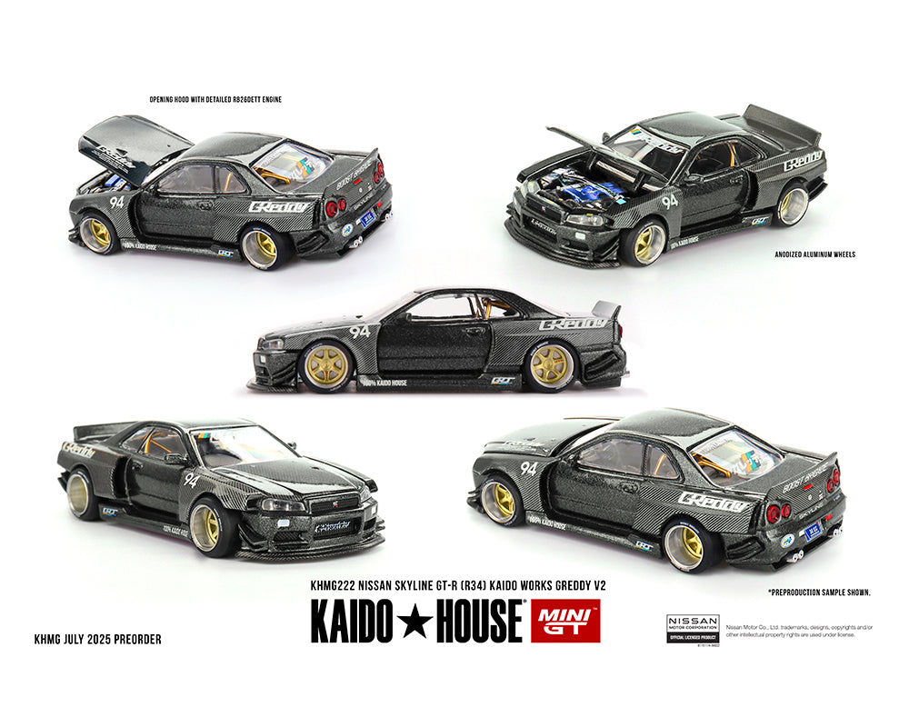Kaido House x Mini GT 1:64 Nissan Skyline GT-R (R34) Kaido Works GReddy V2 – Black w/ Carbon