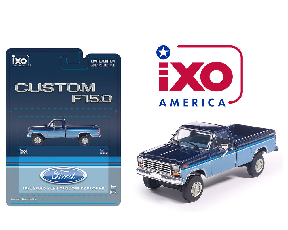 (Preorder) IXO Model 1:64 1981 Ford F-150 Custom Explorer Short Bed Styleside 4×2 – Two-Tone Midnight Blue Metallic and Medium Blue Glow – Limited Edition