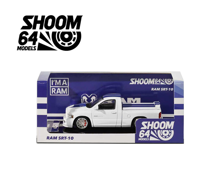 (Preorder) SHOOM64 1:64 2003 Dodge Ram SRT-10 Pickup – White with Blue Racing Stripes