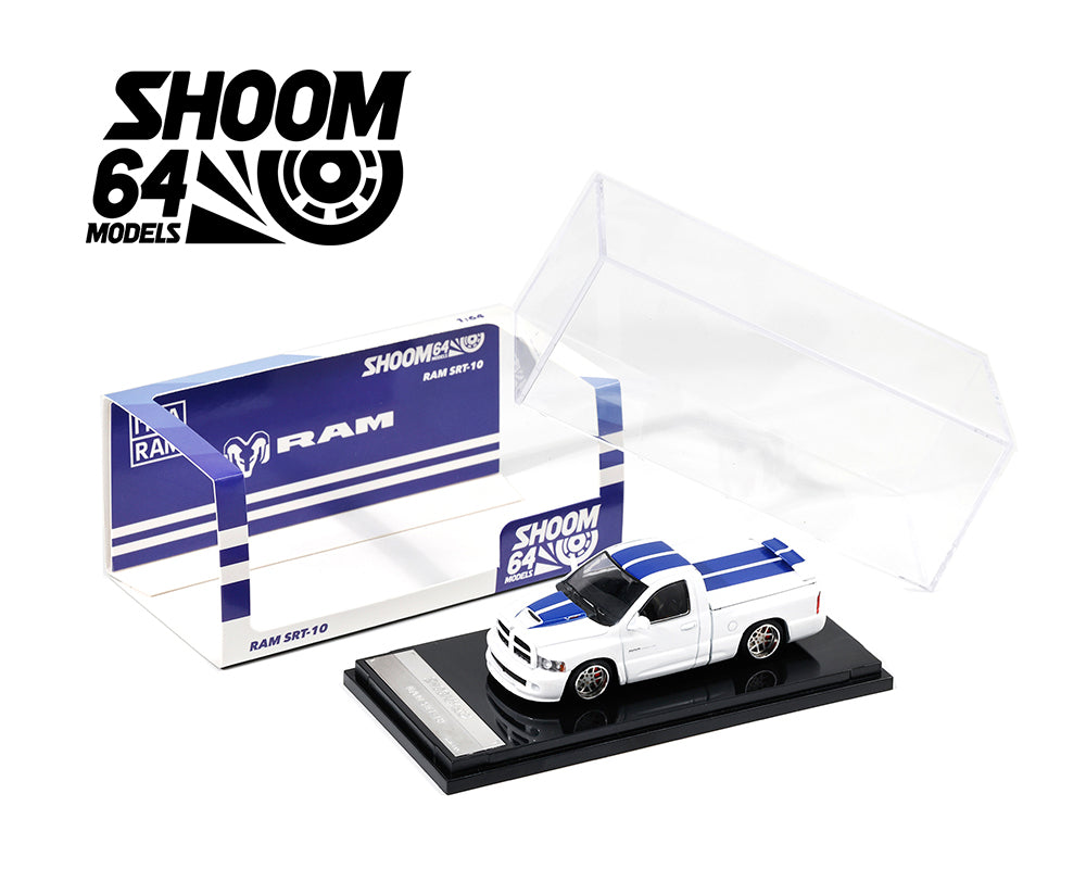 (Preorder) SHOOM64 1:64 2003 Dodge Ram SRT-10 Pickup – White with Blue Racing Stripes