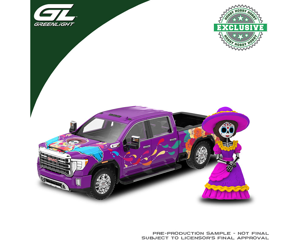 (Preorder) Greenlight 1:64 2023 GMC Sierra 3500 HD – Dia De Los Muertos with La Catrina Figure – Purple – Hobby Exclusive