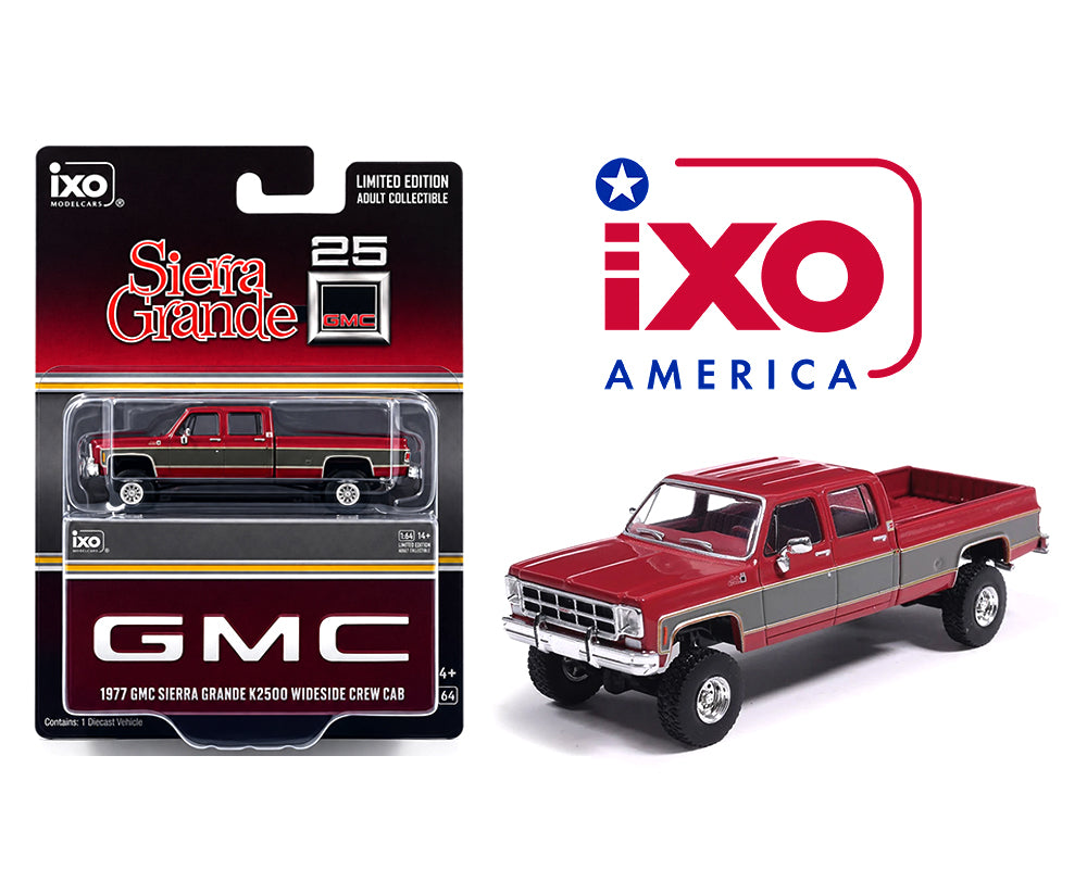 IXO Model 1:64 1977 GMC Sierra Grande K2500 Crew Cab Wideside – Dark Red Metallic and Silver Special Two-Tone – Lifted – Limited Edition